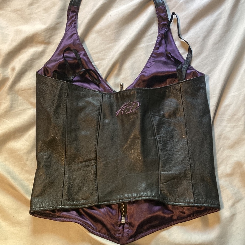 Harley-Davidson Black Leather Halter Zip Front Camisole with Purple Graphic - Picture 3 of 6
